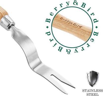 Berry&Bird Hand Weeder Tool, 12.1" Stainless Steel Gardening Weed Puller | Manual Weeding Removal Cutter Tool with Ash Wood Handle for Planting, Weeding, Flower & Vegetable Care in Garden Lawn Yard