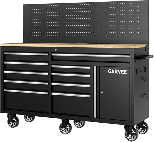 60 Inch Rolling Tool Chest Workbench, 10 Drawer Tool Box with Pegboard & Lock, Mobile Garage Tool Cabinet with Charging Station, Heavy Duty Workbench for Workshop, Black