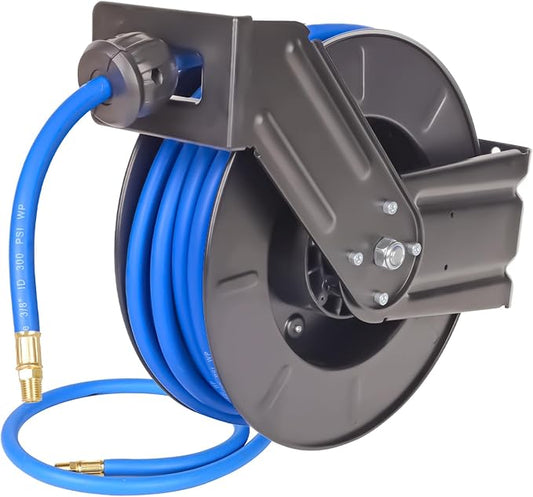 Retractable Air Hose Reel With 3/8" Inch x 50' Ft, Heavy Duty Steel Hose Reel Auto Rewind Pneumatic,Industrial Grade Rubber Hose,Black