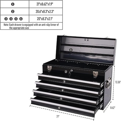 4 Drawers Metal Tool Box, 21'' Portable Metal Tool Box with EVA Liners & Auto-Locking Mechanism, Heavy Duty Steel Tool Chest with Ball-Bearing Drawer Slides & Convenient Top Handle, Black