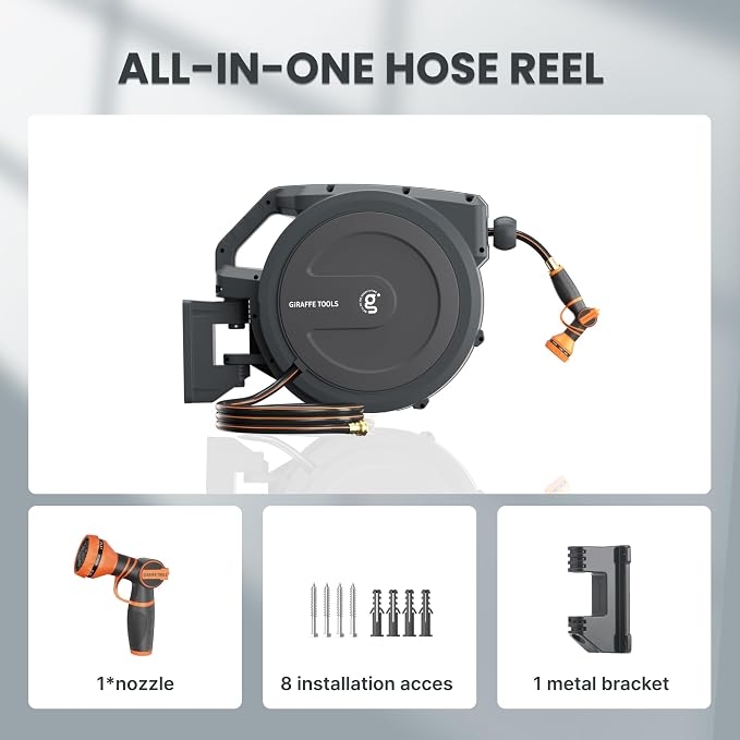 Giraffe Tools PRO Heavy Duty Retractable Garden Hose Reel - 78ft 1/2 Inch Auto Rewind with Any-Length Lock, Wall Mounted Metal Bracket, Commercial Grade for Patio & Lawn (Dark Grey)