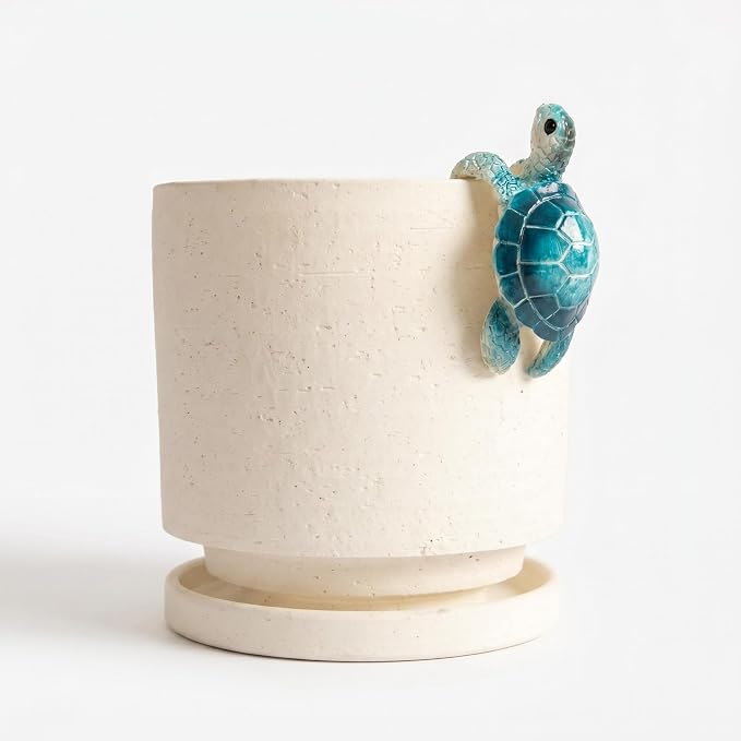 Ceramic Plant Pot with Resin Climbing Tortoise Figure, 5.75 Inch,White | Drainage Hole and Saucer, Cylinder Shape, Indoor Use, Home Garden