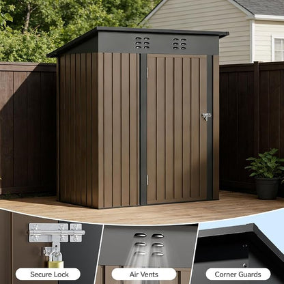 COMHOMA Shed Outdoor Storage Shed Metal,Lockable Doors Tool Sheds with Sloping Roof,Steel Garden Shed with Air Vent for Backyard,Patio,Lawn,Poolside(Brown,5'*3')