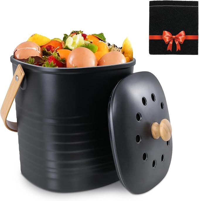 MUMTOP Bamboo Fiber Compost Bin Kitchen Countertop Compost Bin with lid – Small Compost Bin Made of Sustainable Bamboo Fiber Includes Charcoal Filter
