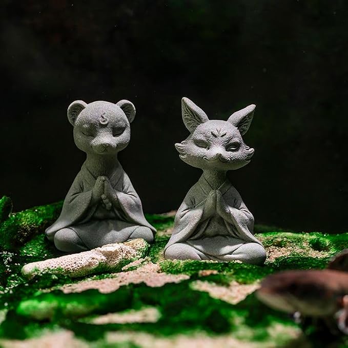 livelyfish Meditating Fox Buddha Statue Aquarium Zen Yoga Animal Figurines Sandstone Sculpture for Fish Tank Garden Tabletop Decor (S2)