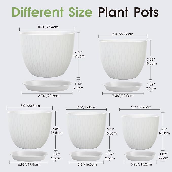 GARDIFE Plant Pots 10/9/8/7.5/7 Inch Plant Pots, Set of 5 Plastic Planters with Drainage Holes and Saucers,Plastic Flower Pots,Nursery Planting Pot for Indoor Out Door Plants (White)