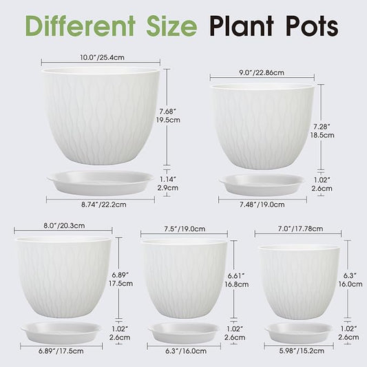 GARDIFE Plant Pots 10/9/8/7.5/7 Inch Plant Pots, Set of 5 Plastic Planters with Drainage Holes and Saucers,Plastic Flower Pots,Nursery Planting Pot for Indoor Out Door Plants (White)