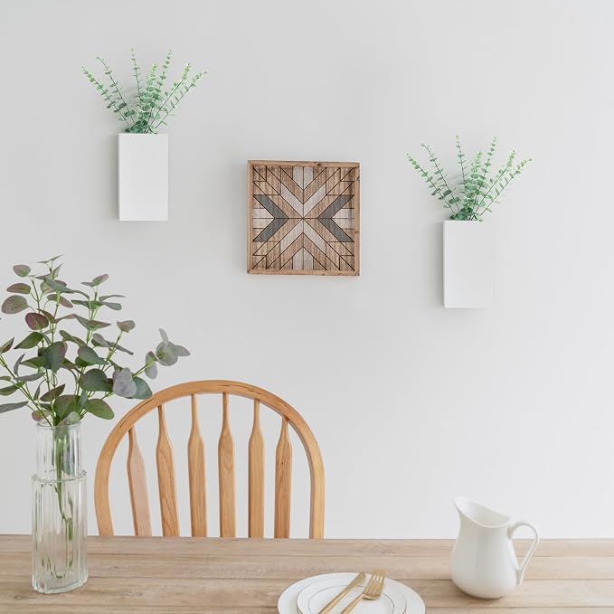 Dahey 2 Pack Wood Wall Planter Vase with Artificial Eucalyptus Farmhouse Wall Hanging Decor Pocket Planter for Indoor Fake Plants Greenery Flowers Living Room Bedroom Kitchen Home Decoration, White