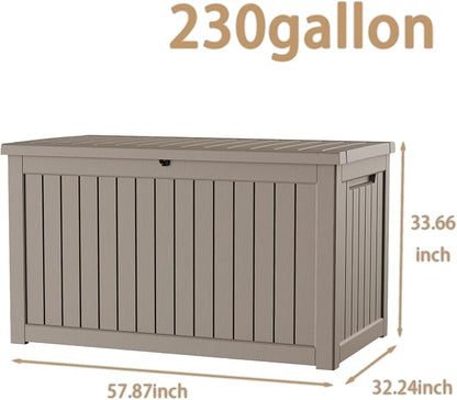 230 Gallon Deck Box, Waterproof Resin Outdoor Storage Box Lockable for Patio Furniture, Fade Resistant Patio Side Table & Organizer for Garden Tools, Pool Float, Outdoor Cushions, Light Coffee