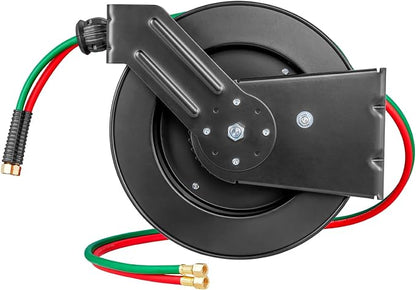 VEVOR Retractable Welding Hose Reel, 1/4-Inch x 50FT Twin Oxygen Acetylene Rubber Hose Max 300PSI - T Grade, Ceiling/Wall Mount Heavy Duty Steel Hose Reel Auto-Rewind, Ideal for Workshops Garages