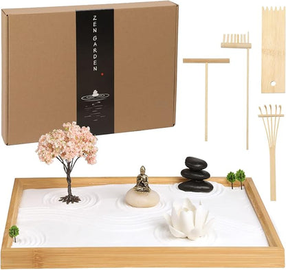 Mini Zen Garden for Desk Buddha | 11 x 7.5 in Desktop Sand Tray with Buddha, Japanese Meditation Gift Set for Home, Office, Therapy Room & Desk Decor