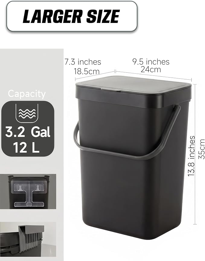 3.2 Gallons Hanging Trash Can with Slide Lid - Kitchen Garbage Can, Under Sink Trash Can, Garbage Can for Bathroom, Waste Bucket Outdoor Indoor, 12L(Black)