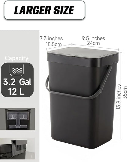3.2 Gallons Hanging Trash Can with Slide Lid - Kitchen Garbage Can, Under Sink Trash Can, Garbage Can for Bathroom, Waste Bucket Outdoor Indoor, 12L(Black)