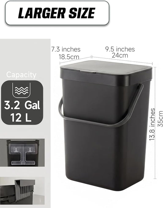 3.2 Gallons Hanging Trash Can with Slide Lid - Kitchen Garbage Can, Under Sink Trash Can, Garbage Can for Bathroom, Waste Bucket Outdoor Indoor, 12L(Black)