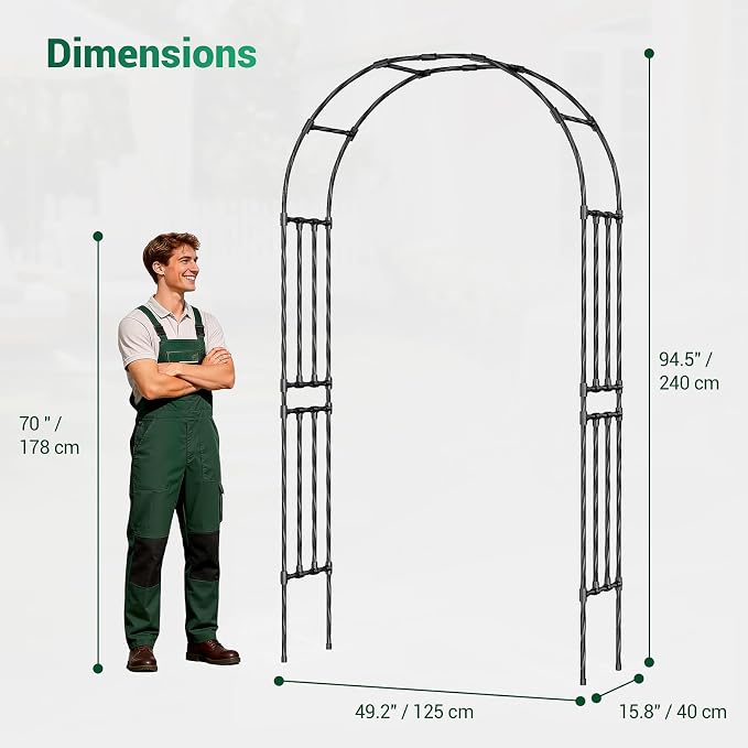 Miory Garden Arch Trellis for Climbing Plants, 1.3x7.9ft Steel with UV-Resistant PE Coating Arbor Outdoor, Vertical Support for Vines Flowers Vegetable, Wedding Archway (Black)