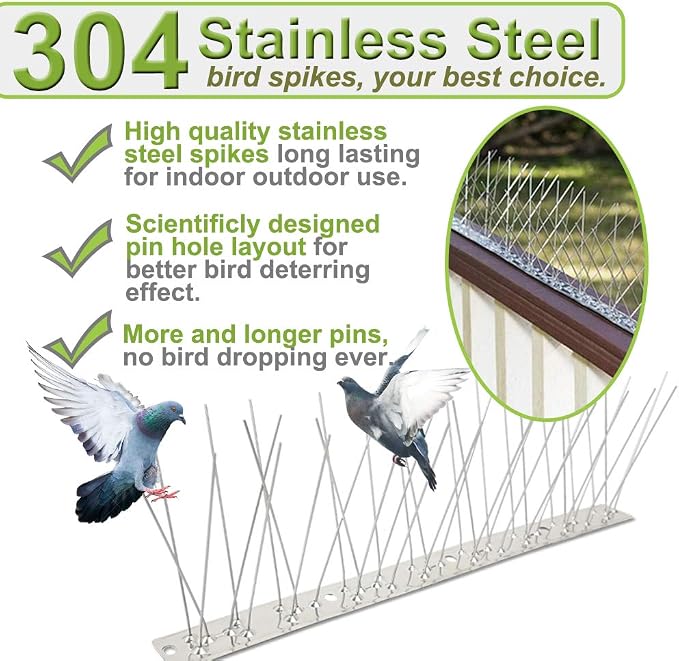 Bird Spikes for Pigeons Small Birds 100ft Stainless Steel Bird Spikes for Outside to Keep Birds Away for Critter Pricker Woodpecker Cat with Uninstalled Pins