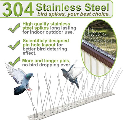 Bird Spikes Stainless Steel 200ft Coverage 185 Pack for Pigeons Small Birds Outdoor Use Bird Prevention Strips for Fence Crows Woodpeckers with 304 Stainless Steel Pins and Base Not Rusty