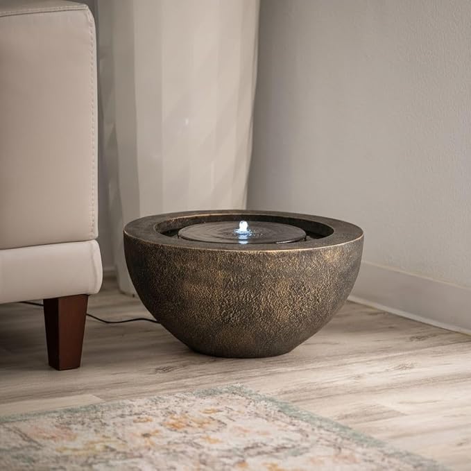 XBrand 9.65" H Round Sphere Water Fountain Indoor/Outdoor with LED Light, Polyresin Bubbler Feature for Patio, Yard, Home Décor - Bronze, Tranquil Serene Garden Accent