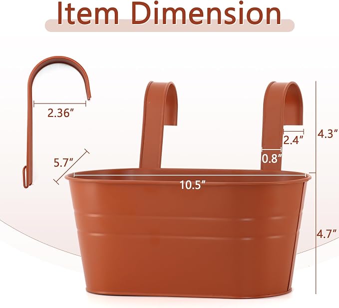 3 Pack Metal Railing Planters, 10.5" Oval Hanging Flower Pots with Detachable Hooks & Drainage Holes, Fits Rails up to 2.36", Galvanized Iron Fence Bucket for Balcony Garden Patio - Terracotta