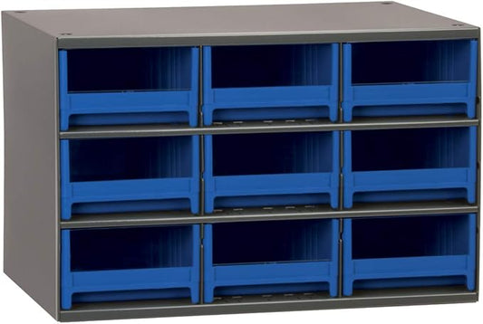 Akro-Mils Steel Garage Storage Cabinet, Small Parts Organizer Metal Cabinet for Hardware, Nails, Screws, Bolts, Nuts, and More, 17" W x 11" D x 11" H, 9-Drawer, Gray Cabinet/Blue Drawers (19909)