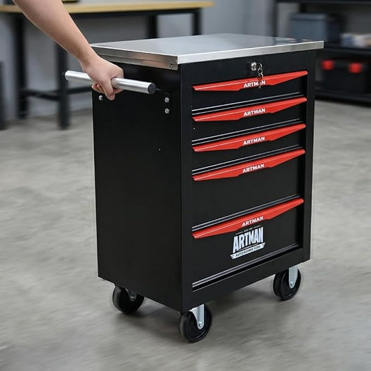5-Drawer Rolling Tool Chest, Lockable Stainless Worktop for Garage,Black | Heavy Duty Metal Tool Cabinet with Drawers on Wheels for Warehouse and Workshop Storage