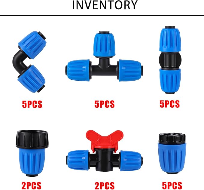 24 Pcs 1/2 Inch Drip Irrigation Fittings Kit,Drip Irrigation Hose Connector for 1/2 Inch Drip Tubing (1/2" ID x0.6-0.63" OD) with 5 Tees,5 Couplings,2 Switch Valves,5 End Cap,5 Elbows,2 Hose Adapter