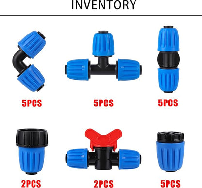 24 Pcs 1/2 Inch Drip Irrigation Fittings Kit,Drip Irrigation Hose Connector for 1/2 Inch Drip Tubing (1/2" ID x0.6-0.63" OD) with 5 Tees,5 Couplings,2 Switch Valves,5 End Cap,5 Elbows,2 Hose Adapter