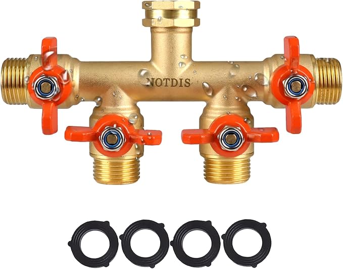 4 Way Brass Hose Splitter Full Flow with Metal Handle - Heavy Duty Spigot Splitter with Shut Off Valve, 3/4" GHT Garden Tap Connector