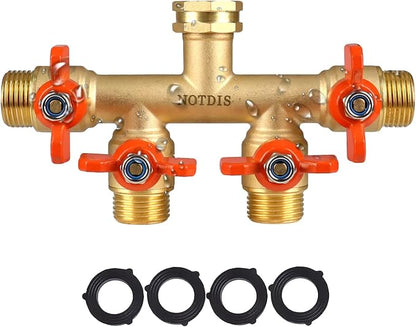 4 Way Brass Hose Splitter Full Flow with Metal Handle - Heavy Duty Spigot Splitter with Shut Off Valve, 3/4" GHT Garden Tap Connector