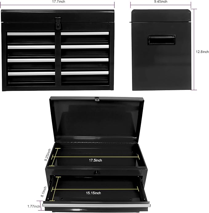 5-Drawer Tool Chest, Detachable Top Box for Garage, Black | Rolling Mobile Storage Cabinet Organizer with Lockable Wheels for Workshop Utility, Heavy Duty Metal Construction