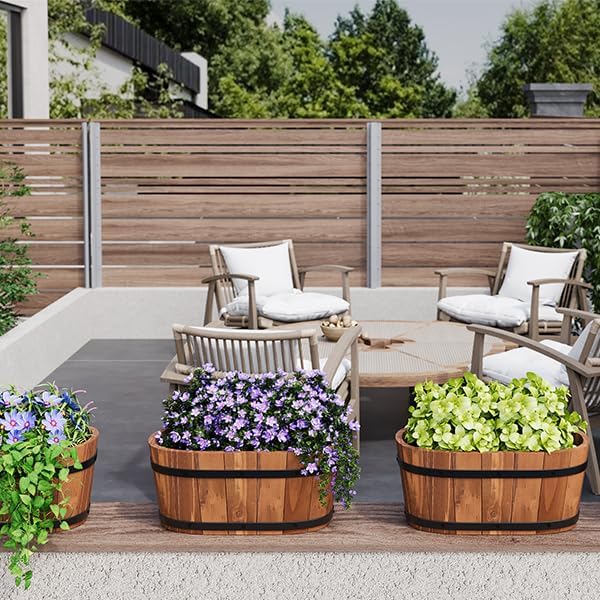 2-Pack Wooden Railing Planters, 13.2 inch Hanging Flower Pots with Detachable Hooks for Balcony, Fence, Deck, Garden, Country Home Decor -Brown