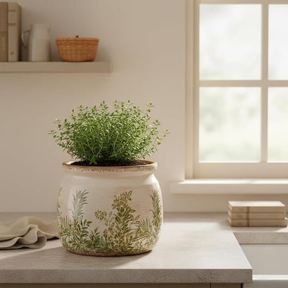 Xiaan Jiaju Cottagecore Ceramic Vase and Planter, Small Herb Pots with Drainage for Indoor Plants, Country Rustic Flower Pot for Kitchen Windowsill Tabletop, Farmhouse Home Decor Gift, Cottage Fern