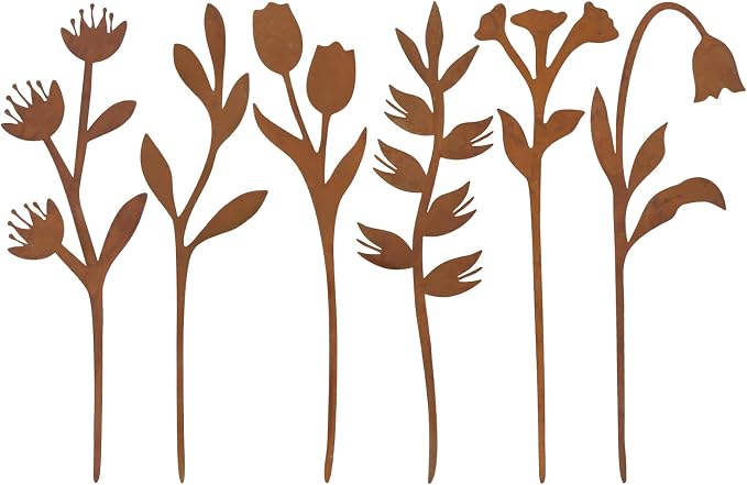 hogardeck Garden Decor for Outside, 6 Pcs Rusty Metal Flower Garden Stakes with Fern Leaf Design for Outdoor Yard Art, Rustic Plant Stakes for Flower Bed, Pot, Vase