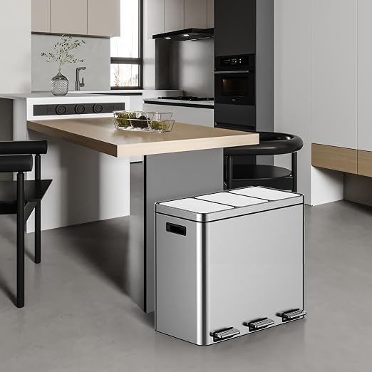 16 Gallon 3-Compartment Kitchen Trash Can, 60L Stainless Steel Step-On Recycle Bin with Soft Close Lid, Odor-Proof Triple Sorting System with 3 Removable 5.3 Gal Inner Buckets, Fingerprint-Resistant