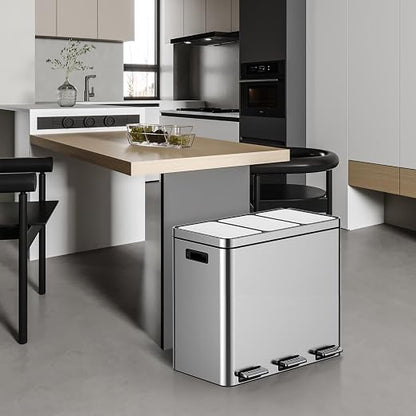 16 Gallon 3-Compartment Kitchen Trash Can, 60L Stainless Steel Step-On Recycle Bin with Soft Close Lid, Odor-Proof Triple Sorting System with 3 Removable 5.3 Gal Inner Buckets, Fingerprint-Resistant