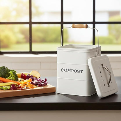 Compost Bin Kitchen Countertop Indoor Compost Pail Bucket, Great for Food Scraps, Carbon Steel, Handles, White, 1 Gallon - Includes Charcoal Filter