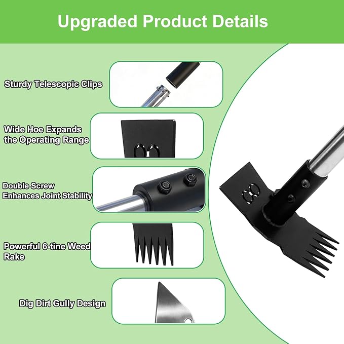 Weed Puller Tool 3 in 1 Garden Hoe & Rake, Heavy Duty Weeding Tool with Stainless Steel Long Handle, Weeder Remover Tool for Garden Yard Lawn Patio Farm, Digging, Edging