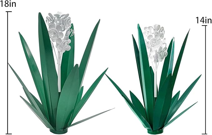 Metal Agave Plant Garden Art, 2 Pack Tequila Rustic Sculpture, Rustic Metal Agave Plants for Yard Stakes, Garden Figurines, Outdoor Patio (2 PCS White Flowers)