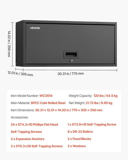 VEVOR Metal Wall Cabinet, 30.31W x 12.01D x 14.02H Inch, Floating Garage Tool Cabinet with Up-Flip Door, 120 lbs Load per Shelf, Fit for Garage, Basement, Kitchen, Warehouse, Assembly Required