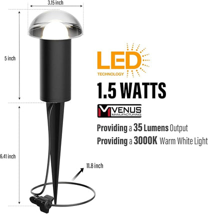 VENUS MANUFACTURING Low Voltage Landscape Pathway Lighting 6PK 1.5W LED Mushroom Lights 35Lumen Wired Walkway Light 3000K Warm White Driveway & Sideway Lights Metal Black Finish with Connector Stake
