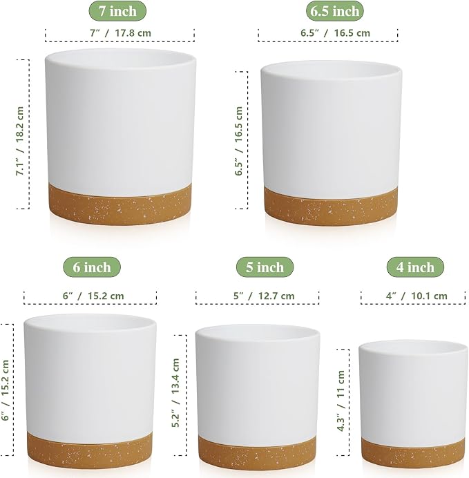 WSMKSZ 5 Pack Cylindrical Flower Pots with 7/6.5/6/5/4 inch, Modern Small Plastic Plant Pots with Drainage Holes & Saucers, Round Planter Pots for Outdoor, Indoor & Office Decor (White Brown)