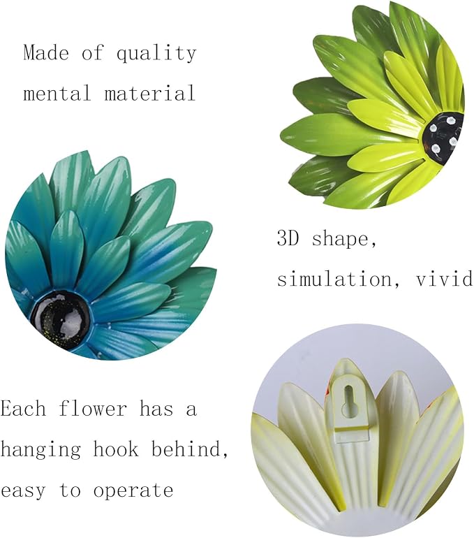 Outdoor Metal Wall Art Decor, 2 Pack 8 Inch Sunflower Wall Decorations, Hanging Outdoor wall Decor, Handmade Metal Flowers for Outdoor Outside Indoor Decor, Lake Blue+ Green