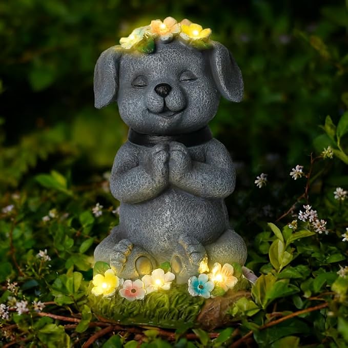 Meditating Dog Garden Statue with Solar LED Lights - Zen Yoga Puppy Figurine with Succulents, Waterproof Resin Decor, 8.7" Outdoor Sculpture, Heartwarming Dog Lover Gifts for Women, Mom, Yard Art