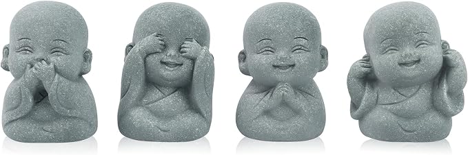 4pcs Mini Laughing Buddha Statues Monk Sandstone Sculptures Cute Baby Buddha Figurine Set Wealth Good Luck Decor Zen Spiritual Ornaments for Home Aquarium Office Garden - Style A
