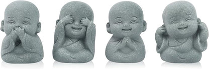 4pcs Mini Laughing Buddha Statues Monk Sandstone Sculptures Cute Baby Buddha Figurine Set Wealth Good Luck Decor Zen Spiritual Ornaments for Home Aquarium Office Garden - Style A