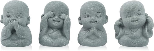 4pcs Mini Laughing Buddha Statues Monk Sandstone Sculptures Cute Baby Buddha Figurine Set Wealth Good Luck Decor Zen Spiritual Ornaments for Home Aquarium Office Garden - Style A