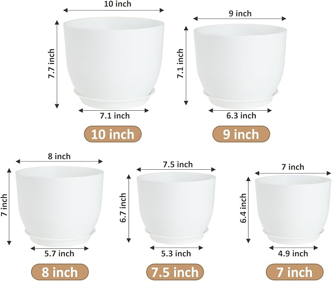 YNNICO Plant Pots 10/9/8/7.5/7 inch Flower Pots with Multi Mesh Drainage Holes, Planters for Indoor Outdoor Garden Plants and Flowers. (White)