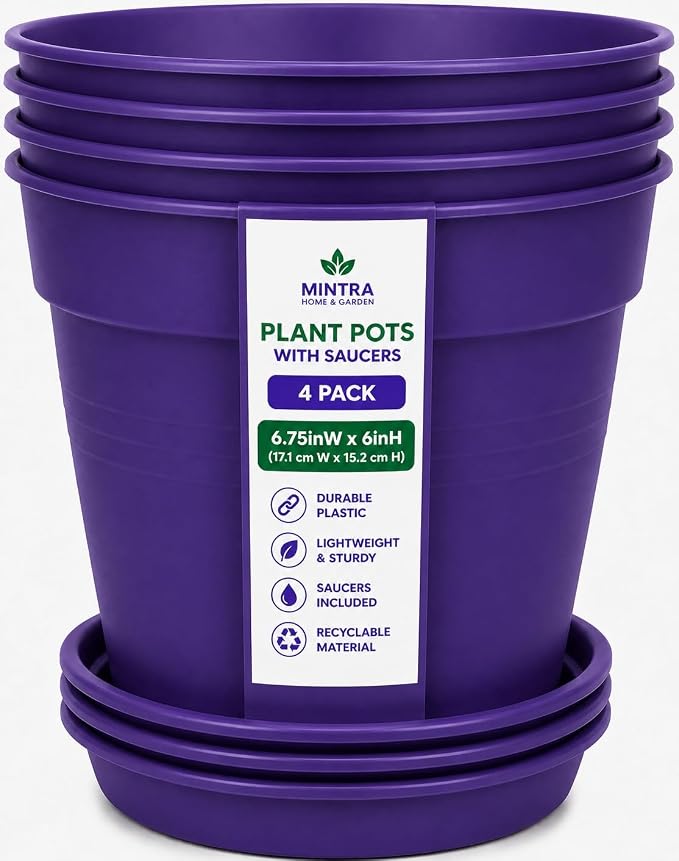 Mintra Garden Pots, 4 Pack Bulk Plastic Plant Pots with Drainage Tray, Round Indoor & Outdoor Decorative Planters with Drain Holes for Flowers, Herbs & Plants, 17cm Diameter – Purple, 6.6 in