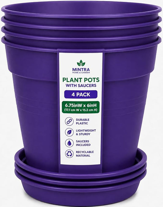 Mintra Garden Pots, 4 Pack Bulk Plastic Plant Pots with Drainage Tray, Round Indoor & Outdoor Decorative Planters with Drain Holes for Flowers, Herbs & Plants, 17cm Diameter – Purple, 6.6 in