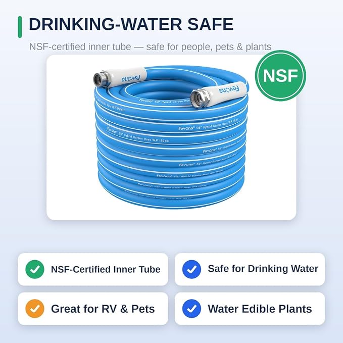FEVONE Kink Free Garden Hose 75 ft, Heavy Duty Water Hose | Flexible Hybrid Polymer, Drinking Water Safe, 5/8 ID, 600 PSI, Leak-Proof, Aluminum 3/4 GHT Fittings for Garden Watering